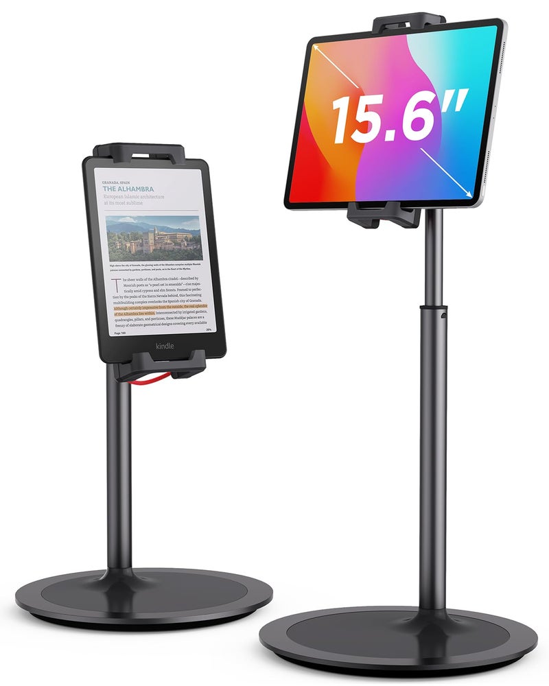 SAIJI Tablet Stand Holder, Extra-Height Adjustable Kindle Stand, 360 Degree Rotating iPad Holder, Aluminum Alloy Cradle Mount Dock for 4.7"-15.6" iPhone, Samsung, Tablets, Portable Monitor (Black) - Image 1